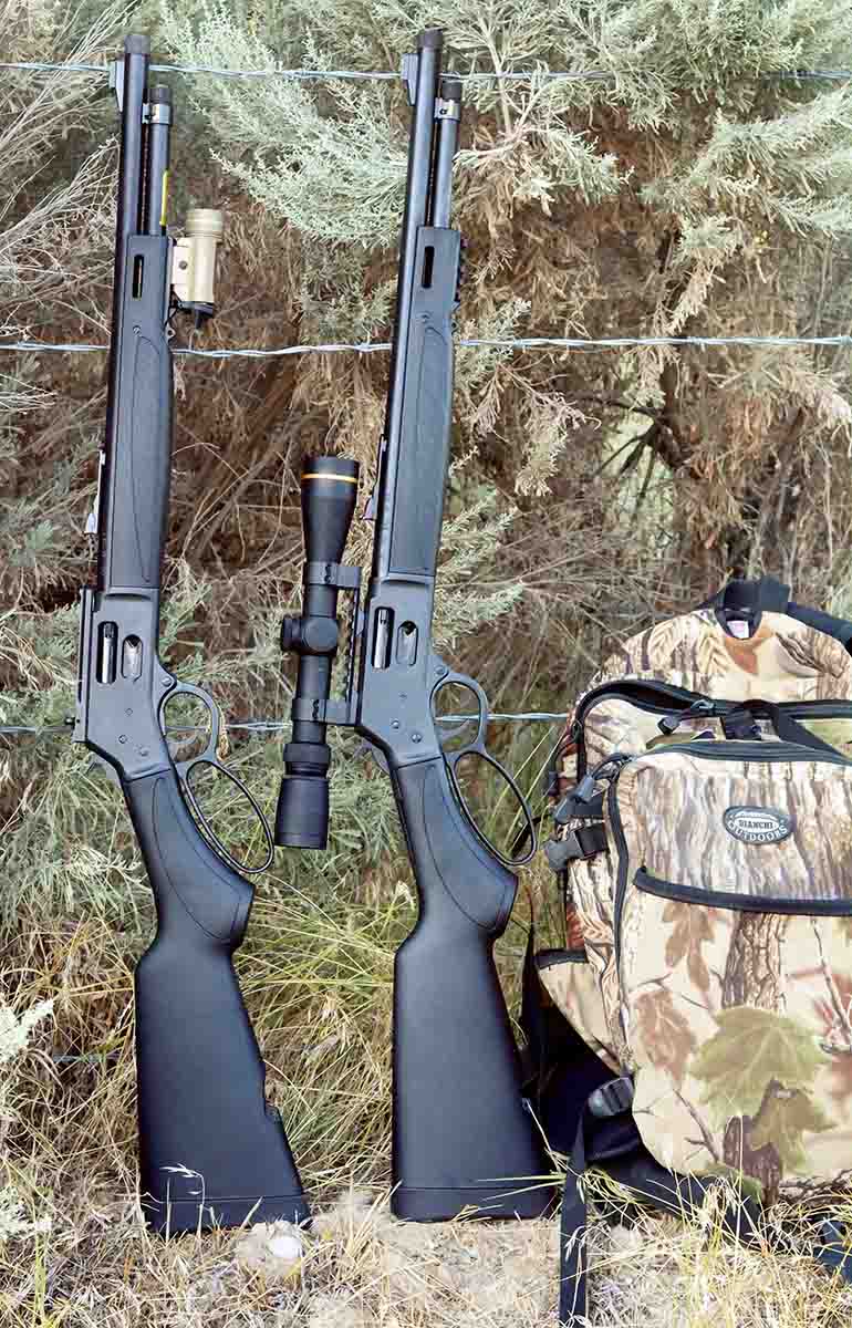Brian tested two Henry Big Boy X Model rifles: a .45 Colt (left) fitted with a Skinner Sights Express aperture sight and a .357 Magnum (right) fitted with a Leupold VX-3i 2.5-8x 36mm scope (right). These rifles can serve well in many roles including home protection, hunting big game or recreational shooting.